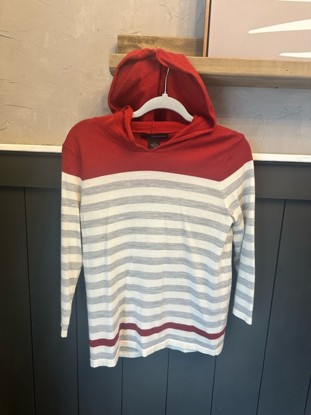 CALVIN KLEIN JEANS Grey Stripe‎ Wool Hoodie Sweater size Large